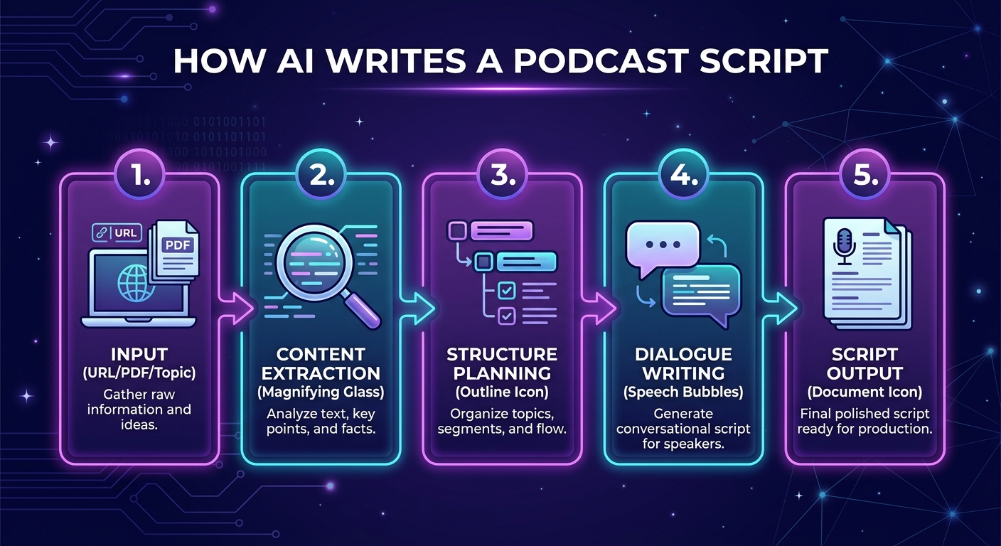 Five-step diagram showing how AI generates a podcast script from input to finished dialogue