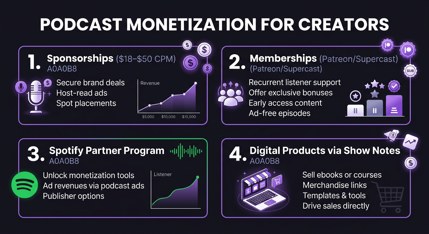 Podcast monetization options for content creators: sponsorships, memberships, Spotify partner program