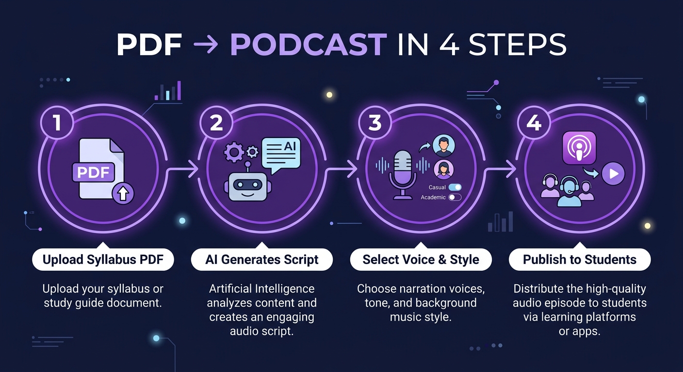 Four-step workflow: PDF to podcast for educators