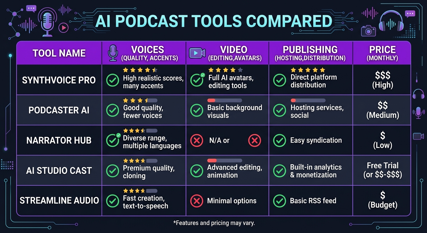 Side-by-side comparison of top AI podcast tools in 2026