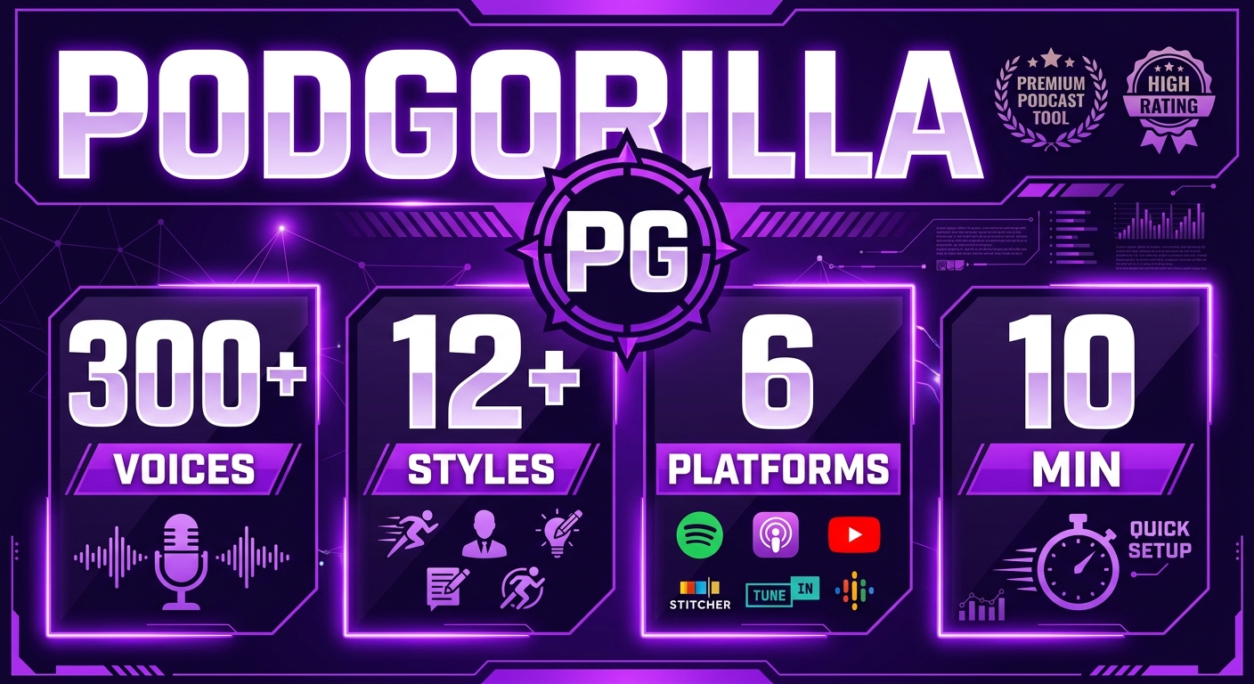 PodGorilla features: 300+ voices, 12+ styles, 6 platforms, 10 minutes