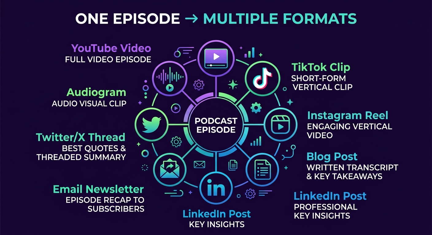 Wheel diagram showing how one podcast episode can be repurposed into multiple content formats