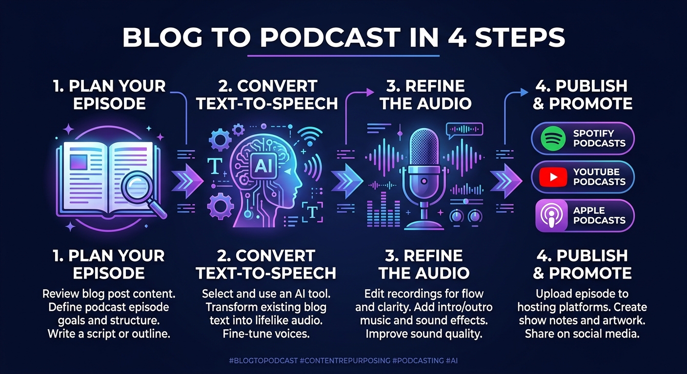 4-step flow: blog post URL goes into AI, becomes a podcast published on Spotify and YouTube