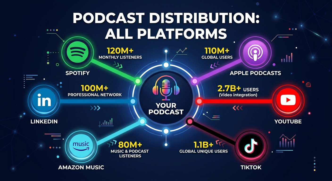 Hub-and-spoke diagram showing a podcast distributing to Spotify, Apple, YouTube, TikTok, Amazon, and LinkedIn