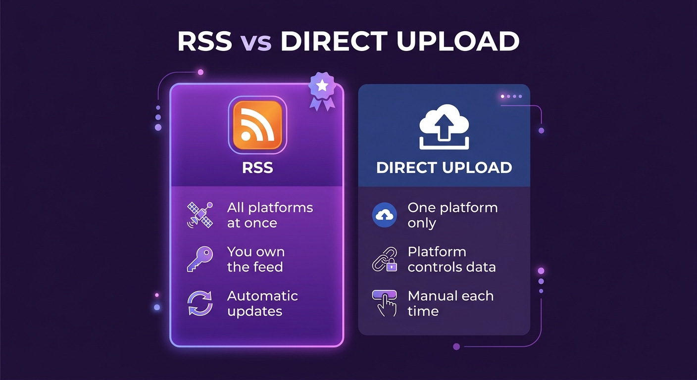 Comparison showing RSS-based distribution versus direct upload to individual platforms