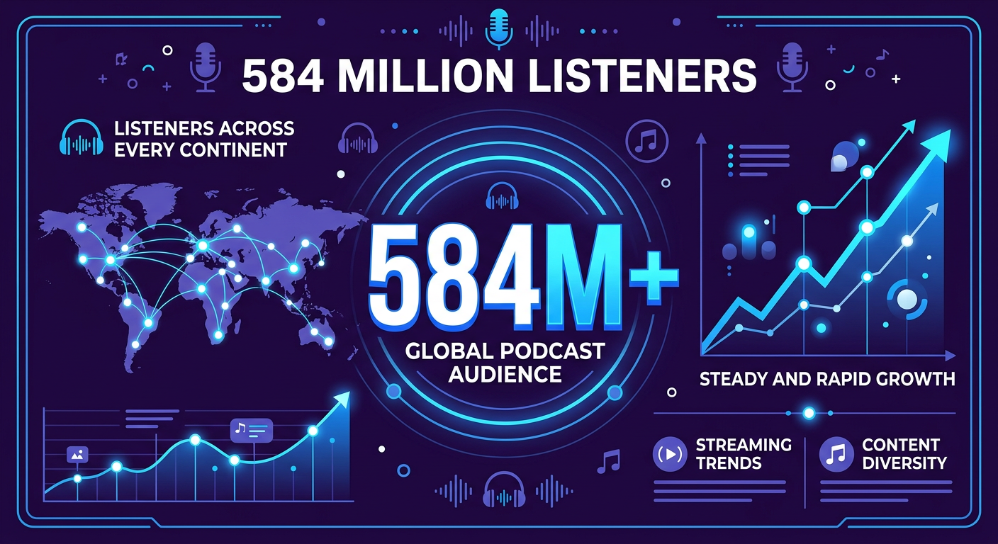 Podcast listener growth statistics showing 584 million global listeners in 2026