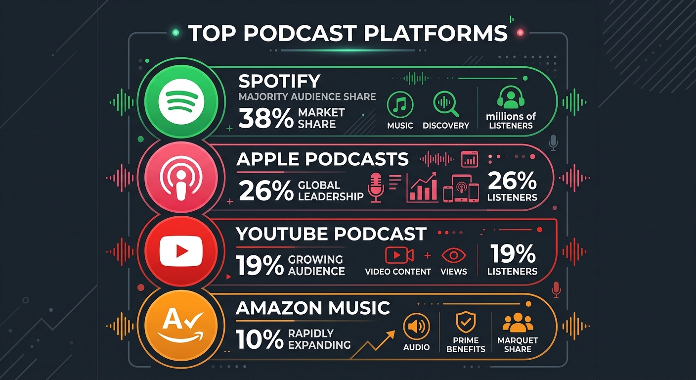 Top podcast platforms market share breakdown: Spotify, Apple Podcasts, YouTube, Amazon Music