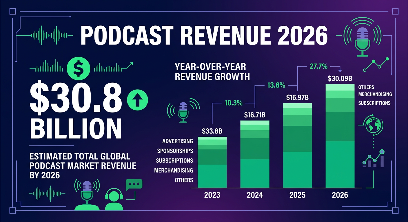 Podcast revenue statistics showing 0.8 billion industry value in 2026