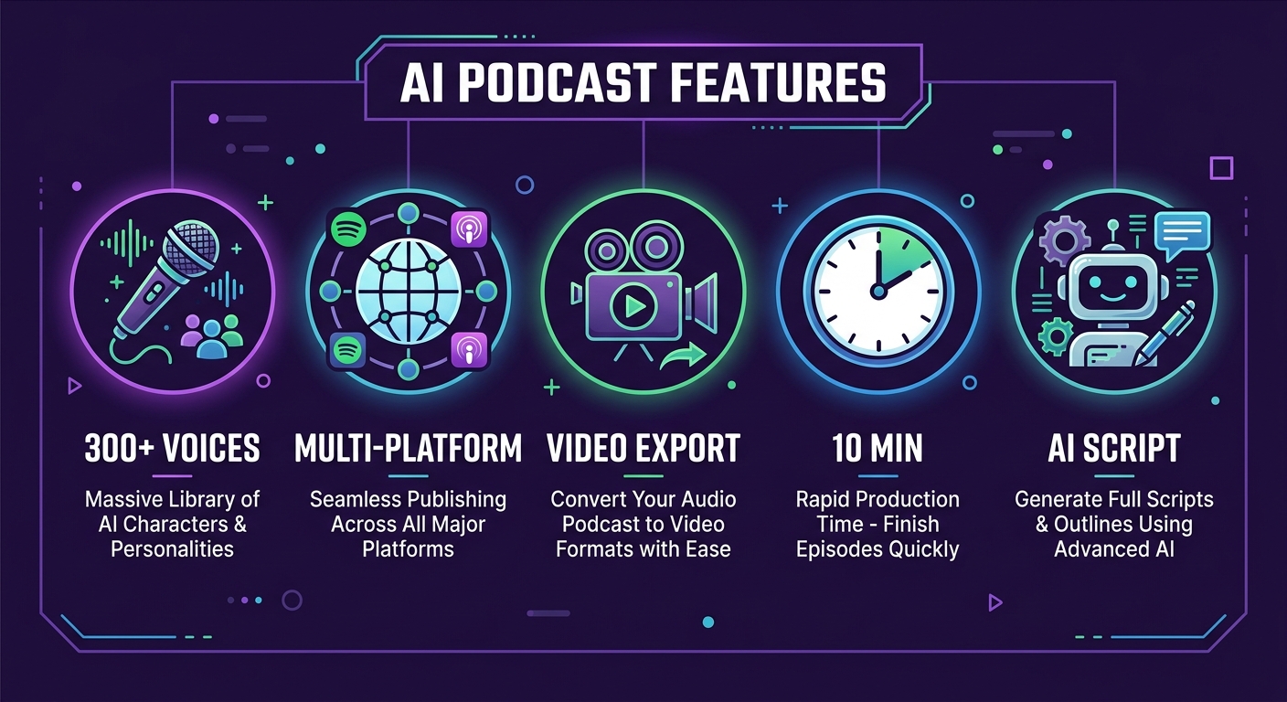 Key features of AI podcast generators: voices, platforms, video export, speed