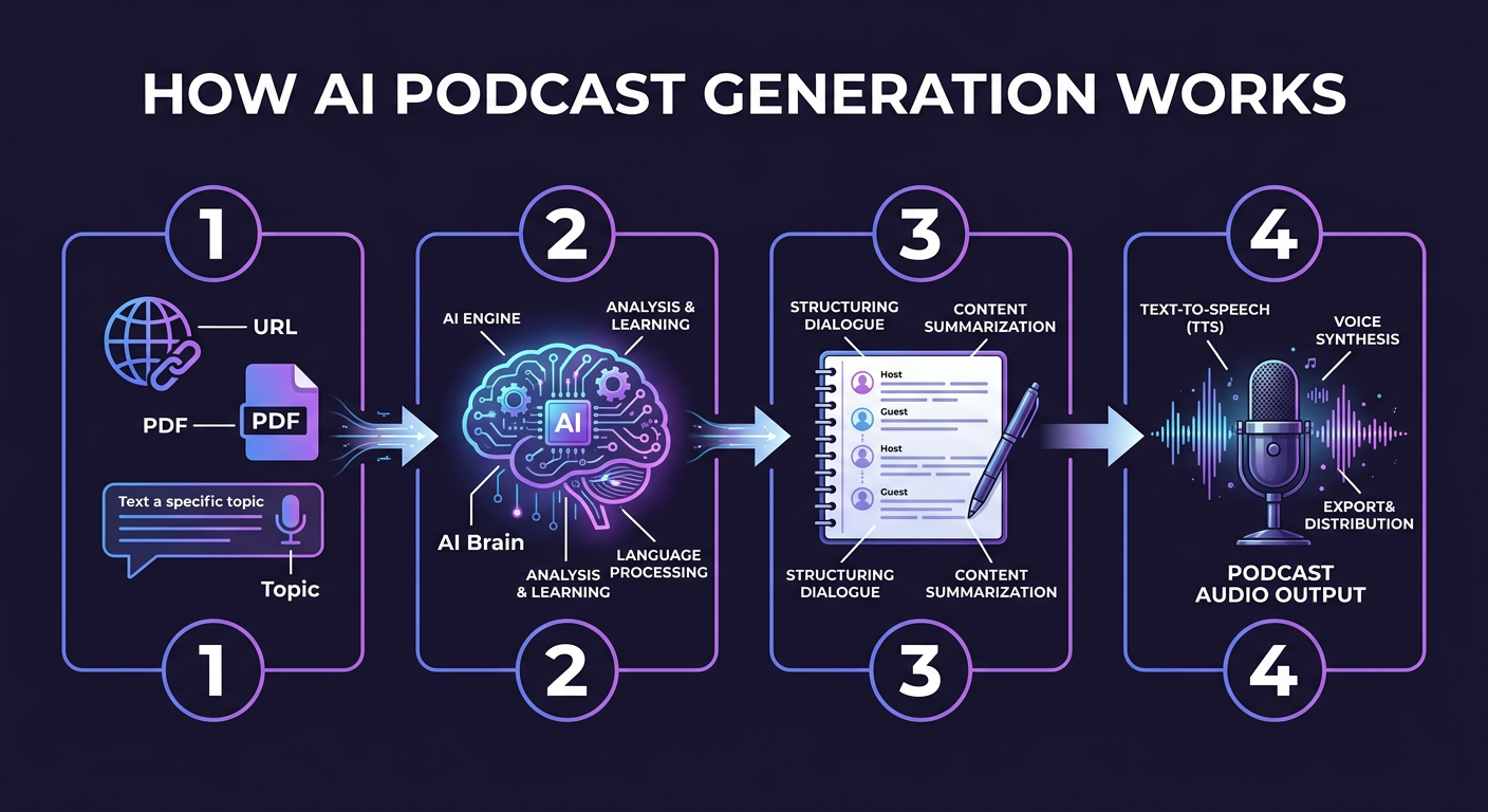Diagram showing how AI podcast generation works: input → AI → script → audio output