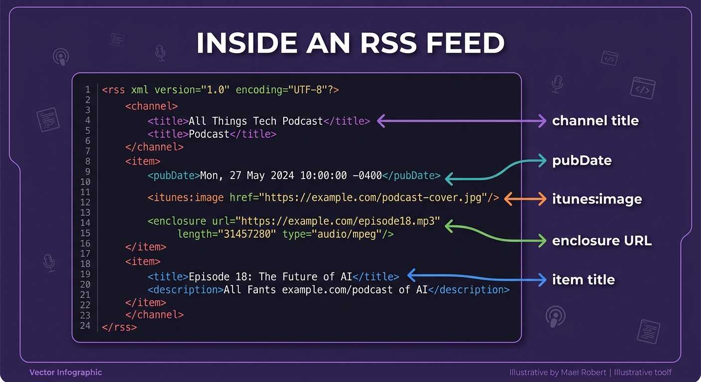 Annotated breakdown of key XML tags inside a podcast RSS feed